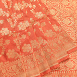 Orange Banarasi Silk Saree With Gold Zari Jaal Floral Weave & Zari Border