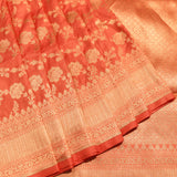 Peach Orange Banarasi Silk Saree With Gold Zari Floral Jaal Weave & Gold Tissue Pallu