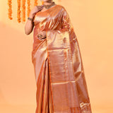 Golden Orange With Checked Zari Weave & Temple Border Kanjivaram Silk Saree