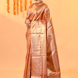 Golden Orange With Checked Zari Weave & Temple Border Kanjivaram Silk Saree
