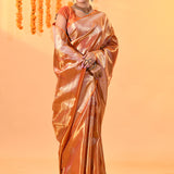 Golden Orange With Checked Zari Weave & Temple Border Kanjivaram Silk Saree