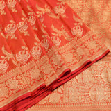 Tomato Red Gold Zari Floral Butti Pure Silk Banarasi Saree With Heavy Woven Border
