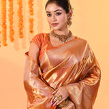 Golden Orange With Checked Zari Weave & Temple Border Kanjivaram Silk Saree