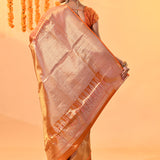 Golden Orange With Checked Zari Weave & Temple Border Kanjivaram Silk Saree