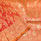 Coral Pink Gold Zari Floral Jaal Pure Silk Banarasi Saree With Heavy Woven Border