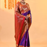 Purple With Gold Zari Border & Maroon Pallu Kanjivaram Silk Saree