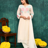 Off-White Tissue Silk Floral Embroidered Kurta Set