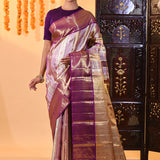 Royal Purple With Gold Zari Butti And Stripes Kanjivaram Tissue Saree