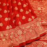 Bright Red Gold Zari Floral Butti Pure Silk Banarasi Saree With Heavy Woven Border