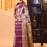 Royal Purple With Gold Zari Butti And Stripes Kanjivaram Tissue Saree