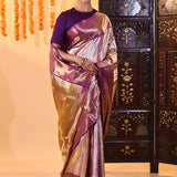 Royal Purple With Gold Zari Butti And Stripes Kanjivaram Tissue Saree