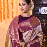 Royal Purple With Gold Zari Butti And Stripes Kanjivaram Tissue Saree