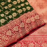 Bottle Green And Red Gold Zari Floral Butti Pure Silk Banarasi Saree With Contrast Red Pallu