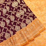 Deep Purple And Mustard Gold Zari Floral Jaal Pure Silk Banarasi Saree With Contrast Pallu