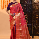 Coral Red With Pinstripe Weave And Gold Zari Checkered Border Kanjivaram Silk Saree