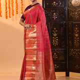 Coral Red With Pinstripe Weave And Gold Zari Checkered Border Kanjivaram Silk Saree
