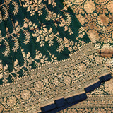 Teal Green Gold Zari Floral Jaal Pure Silk Banarasi Saree With Heavy Woven Border