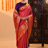 Coral Red With Pinstripe Weave And Gold Zari Checkered Border Kanjivaram Silk Saree
