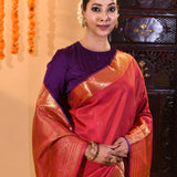Coral Red With Pinstripe Weave And Gold Zari Checkered Border Kanjivaram Silk Saree