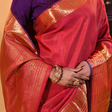 Coral Red With Pinstripe Weave And Gold Zari Checkered Border Kanjivaram Silk Saree
