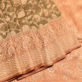 Olive Green And Peach Copper Zari Floral Jaal Pure Silk Banarasi Saree With Contrast Pallu
