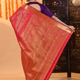 Coral Red With Pinstripe Weave And Gold Zari Checkered Border Kanjivaram Silk Saree