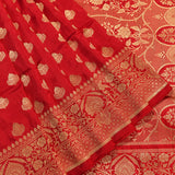 Bright Red Gold Zari Floral Butti Pure Silk Banarasi Saree With Heavy Woven Border