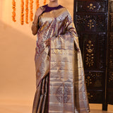 Purple With Checks And Floral Gold Zari Woven Kanjivaram Silk Saree