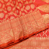 Orange Red Gold Zari Floral Butti Pure Silk Banarasi Saree With Heavy Woven Border
