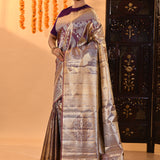 Purple With Checks And Floral Gold Zari Woven Kanjivaram Silk Saree