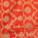Orange Red Gold Zari Floral Butti Pure Silk Banarasi Saree With Heavy Woven Border