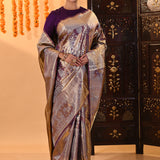 Purple With Checks And Floral Gold Zari Woven Kanjivaram Silk Saree