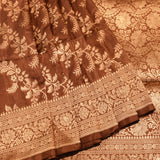 Chocolate Brown Copper Zari Floral Jaal Pure Silk Banarasi Saree With Heavy Woven Border