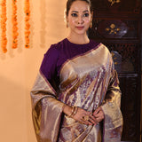 Purple With Checks And Floral Gold Zari Woven Kanjivaram Silk Saree