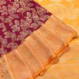 Wine Purple And Mustard Gold Zari Floral Jaal Pure Silk Banarasi Saree With Contrast Pallu