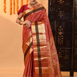 Crimson Red With Gold Zari Border And Checks Kanchipuram Silk Saree