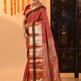 Crimson Red With Gold Zari Border And Checks Kanchipuram Silk Saree