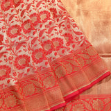 Ivory And Red Gold Zari Floral Jaal Pure Silk Banarasi Saree With Contrast Red Pallu