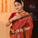 Crimson Red With Gold Zari Border And Checks Kanchipuram Silk Saree
