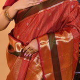 Crimson Red With Gold Zari Border And Checks Kanchipuram Silk Saree