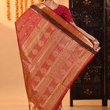 Crimson Red With Gold Zari Border And Checks Kanchipuram Silk Saree
