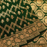 Bottle Green Copper Zari Floral Butti Pure Silk Banarasi Saree With Heavy Woven Border