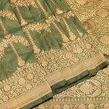 Olive Green Copper Zari Floral Jaal Pure Silk Banarasi Saree With Heavy Woven Border
