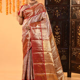 Golden Red With Gold Zari Floral Pattern On Kanjivaram Tissue Saree