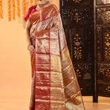 Golden Red With Gold Zari Floral Pattern On Kanjivaram Tissue Saree