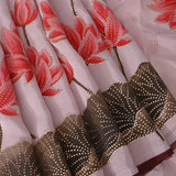Blush Pink Kanjivaram Saree With Hand-Painted Lotus Motifs And Gold Stone Work