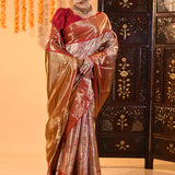 Golden Red With Gold Zari Floral Pattern On Kanjivaram Tissue Saree