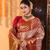 Golden Red With Gold Zari Floral Pattern On Kanjivaram Tissue Saree
