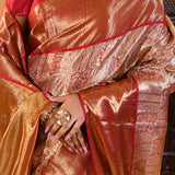 Golden Red With Gold Zari Floral Pattern On Kanjivaram Tissue Saree