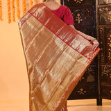 Golden Red With Gold Zari Floral Pattern On Kanjivaram Tissue Saree